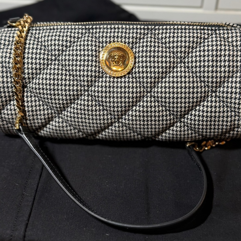 Versace Black & White Quilted Houndstooth Shoulder Bag with Gold Medallion